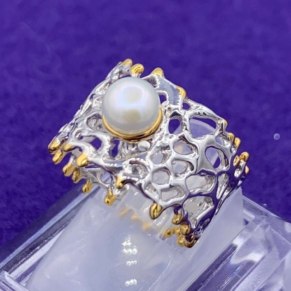 Ring, solid sterling, real pearl, 22 K gold, sz 7,8, cigar band, hand made, NWOT